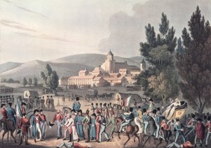 Battaglia di Vittoria, 1813, portando i prigionieri, inciso da I. Clarke, acquaforte di M. DuBourg da William Heath
