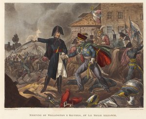 Incontro di Wellington e Blücher a La Belle Alliance, acquaforte di Joseph Constantine Stadler, 1818