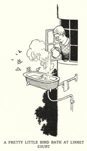 Un grazioso bagnetto per uccelli a Linnet Court da William Heath Robinson