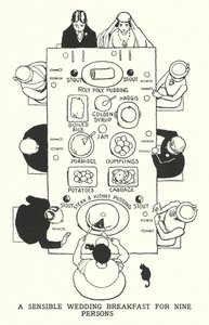 Una colazione di nozze sensata per nove persone (litografia) da William Heath Robinson