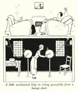 Un piccolo aiuto meccanico per alzarsi con grazia da una poltrona da William Heath Robinson
