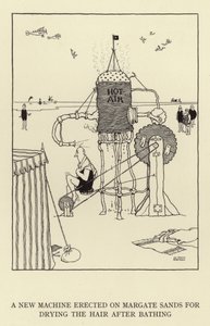 Una nuova macchina eretta sulle sabbie di Margate per asciugare i capelli dopo il bagno da William Heath Robinson