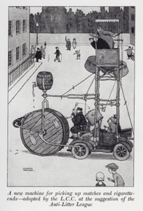Una nuova macchina per raccogliere fiammiferi e mozziconi di sigaretta adottata dal LCC su suggerimento della Anti-Litter League da William Heath Robinson