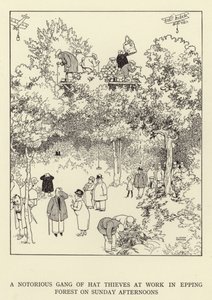 Una famigerata banda di ladri di cappelli al lavoro nella foresta di Epping la domenica pomeriggio da William Heath Robinson