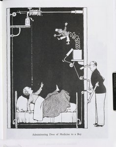 Somministrazione di una dose di medicina a un ragazzo, illustrazione da 