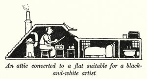 Una soffitta convertita in un appartamento adatto a un artista in bianco e nero da William Heath Robinson