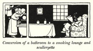 Conversione di un bagno in un salotto per fumatori e sculleryette da William Heath Robinson