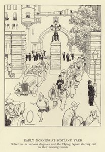Prima mattina a Scotland Yard, detective in vari travestimenti e la Flying Squad che inizia i suoi giri mattutini da William Heath Robinson