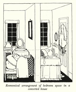 Disposizione economica dello spazio della camera da letto in una casa convertita da William Heath Robinson