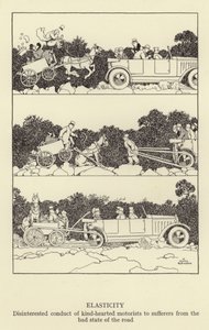 Elasticità, comportamento disinteressato di automobilisti di buon cuore verso i sofferenti per il cattivo stato della strada da William Heath Robinson