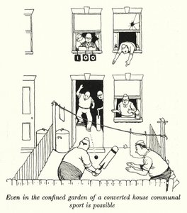 Anche nel giardino confinato di una casa convertita è possibile lo sport comunitario da William Heath Robinson