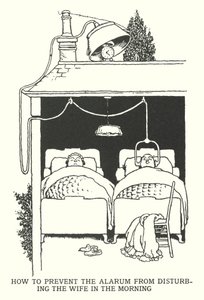 Come evitare che la sveglia disturbi la moglie al mattino (litografia) da William Heath Robinson