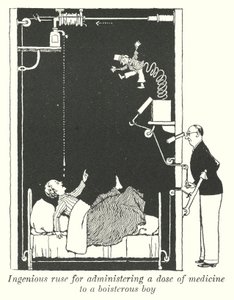 Astuzia ingegnosa per somministrare una dose di medicina a un ragazzo turbolento (litografia) da William Heath Robinson
