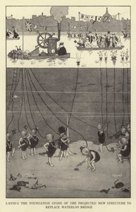Posa della prima pietra della nuova struttura progettata per sostituire il ponte di Waterloo da William Heath Robinson
