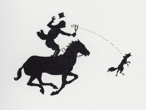 Uomo a cavallo che catapulta una volpe