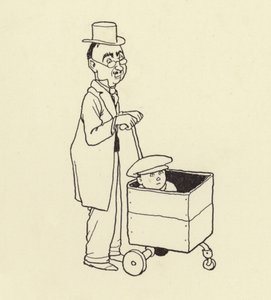Uomo che spinge un ragazzo in una scatola da William Heath Robinson