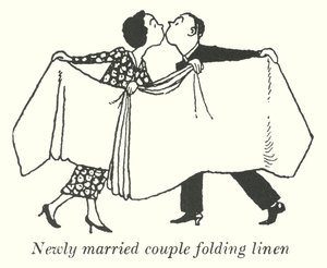 Coppia di novelli sposi che piega la biancheria da William Heath Robinson