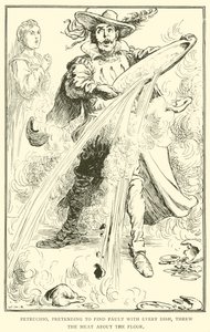 Petruchio, fingendo di trovare difetti in ogni piatto, gettò la carne sul pavimento da William Heath Robinson