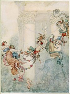 Puck: Non ha mai avuto un changeling così dolce, da Sogno di una notte di mezza estate, pub. 1914 da William Heath Robinson