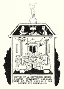 Sezione di una Casa Convertita, Mostrando la Disposizione Conveniente dello Spazio Disponibile per Salotto e Sala da Pranzo da William Heath Robinson
