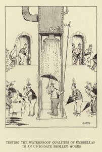 Test delle qualità impermeabili degli ombrelli in una fabbrica moderna da William Heath Robinson