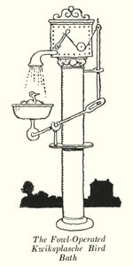 Il bagno per uccelli Kwiksplasche azionato da pollame da William Heath Robinson