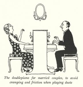 Il doppio pianoforte per coppie sposate, per evitare crampi e attriti durante i duetti (litografia) da William Heath Robinson