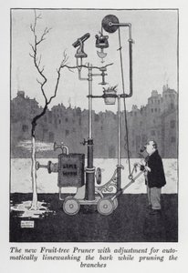 Il nuovo potatore di alberi da frutto con regolazione per imbiancare automaticamente la corteccia mentre si potano i rami da William Heath Robinson