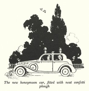 La nuova auto da luna di miele, dotata di aratro per coriandoli da William Heath Robinson