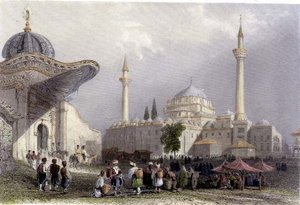 La moschea di Bajazet con la porta del Seraskier, Istanbul, inciso da H. Griffiths, c.1850 (acquatinta) da William Henry (after) Bartlett