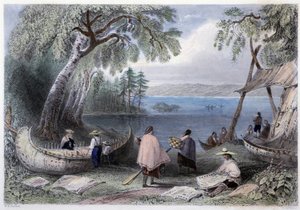 Costruzione di canoe alle isole Pappers vicino al fiume Ottawa - in "Canadian scenery illustrated" di Bartlett W. H.