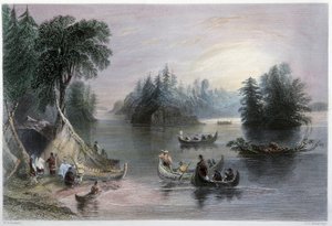 Tipi e canoe indiani, rive del San Lorenzo - in "Canadian scenery illustrated" di W.H. Bartlett, Londra da William Henry Bartlett