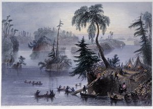Scena tra le Mille Isole: Campo e Barche, Mille Isole - in "Canadian scenery illustrated" di Bartlett W. H. da William Henry Bartlett