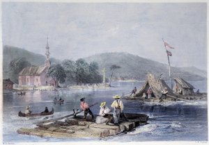 Zattere dei coloni e trasporto di legname sul Lago delle due montagne - in "Canadian scenery illustrated" di Bartlett W. H.