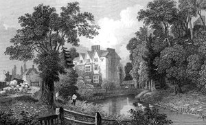Il fossato del castello di Ongar e Castle House, Essex, inciso da Henry Wallis, 1832
