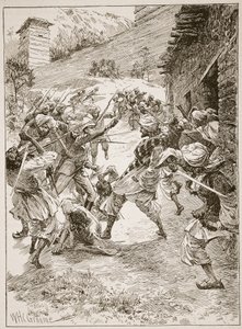 Il Tenente Harley, alla testa di quaranta Sikh e sessanta Kashmiris, assaltò la casa sopra la bocca della miniera, illustrazione da 