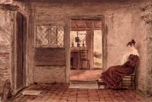 Interno di cottage con ragazza che cuce, c.1828 da William Henry Hunt
