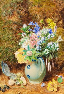 Brocca di porcellana azzurra con eriche e piccoli fiori, c.1860