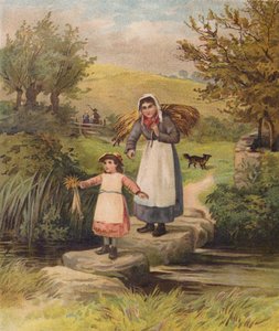Donna e ragazza che attraversano un ruscello su pietre da William Henry James (after) Boot