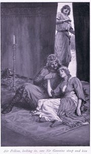 Sir Pelleas, guardando dentro, vide Sir Gawaine chinarsi e baciare la signora Ettard da William Henry Margetson