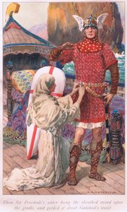 Allora la sorella di Sir Percivale appese la spada guainata alla cintura e la cinse alla vita di Galahad da William Henry Margetson