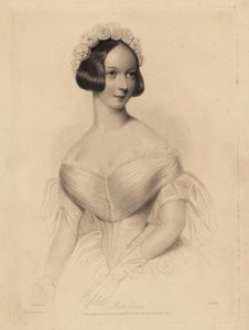 Miss Gore. In abito con scollo a barca e vita stretta, capelli decorati con una ghirlanda di rose. Incisione a puntasecca in acciaio di William Henry Mote da un