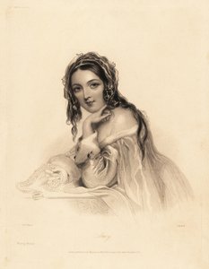 Ritratto di Amy. Bellezza con velo sui capelli lunghi, abito con scollo a barca bordato di ermellino, che tiene una collana di perle. Incisione a puntasecca in acciaio di William Henry Mote da un