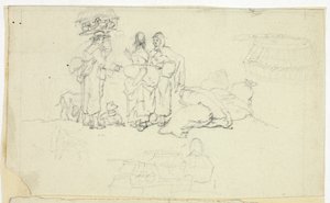 Figure con merci di mercato e tre schizzi da William Henry Pyne