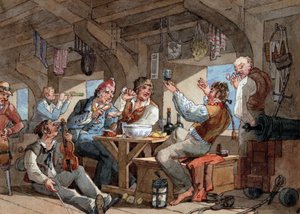 Marinai che bevono sul ponte inferiore della loro nave, scena con violinista e fumatore di pipa, biancheria stesa su una corda e attrezzatura di bordo (spada, pistola, cannone, lampada) da William Henry Pyne