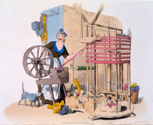 Donna che fila lana su una macchina rotante per fare matasse, 1808