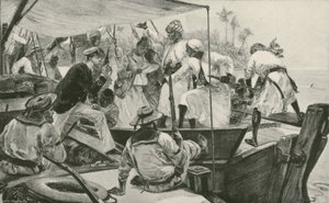 Un ufficiale navale britannico che ispeziona un dhow di schiavi arabi