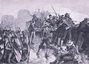 Difesa di un laager contro un attacco Zulu, illustrazione da British Battles on Land and Sea, 1915