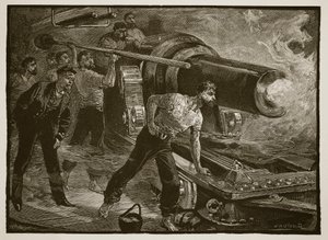 Guerra Navale: lavorare il cannone di una nave, inciso da W.J. Palmer