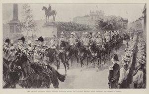 La processione coloniale che passa per Trafalgar Square, le truppe montate canadesi precedono il Premier del Canada da William Heysham Overend